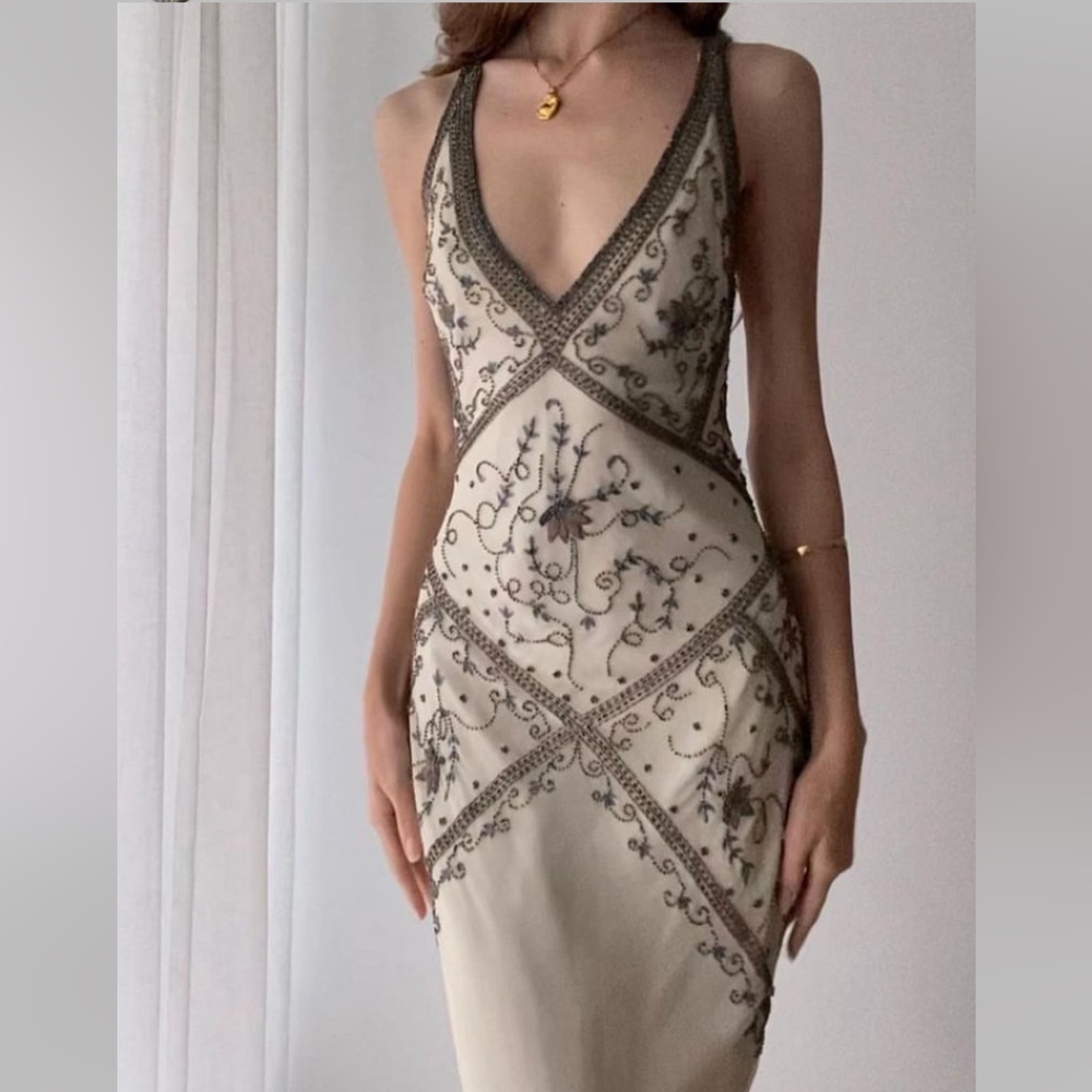 Vintage 90’s 100% Silk Beaded Dress Silk Slip Dress Backless White Gown Prom Y2K - Picture 4 of 16